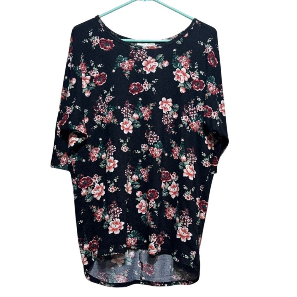 Bobbie Brooks Floral High Low Tunic Top Small Black Pink Boho Dolman Sleeve